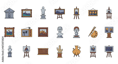 Flat art gallery icons collection featuring paintings and sculptures on easels
