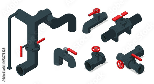 Isometric industrial pipe system with valves in dark gray and red