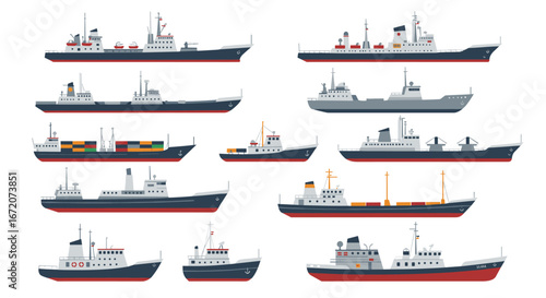 Collection of diverse cargo and passenger ships in flat design style