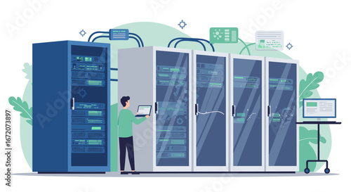 Data center management with technician interacting with servers in modern flat style