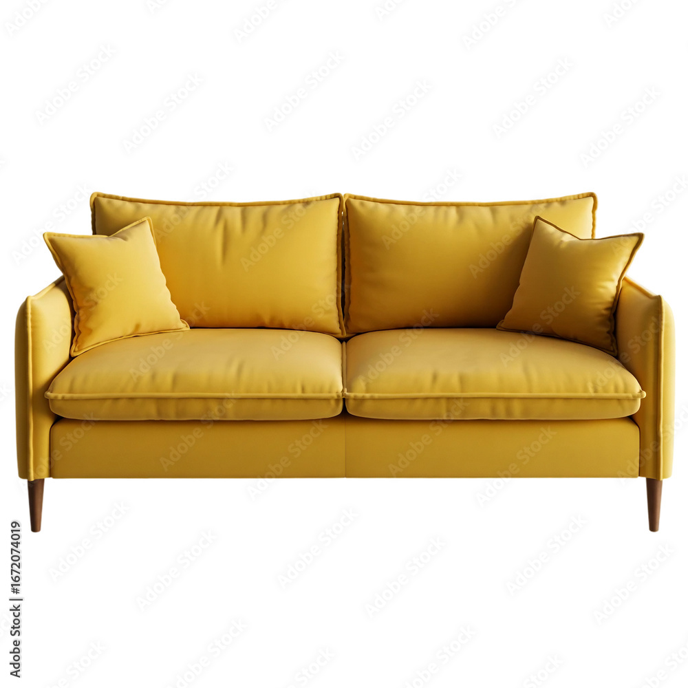 Fototapeta premium : A bright yellow two-seater sofa with two pillows isolaon white backgroundted.