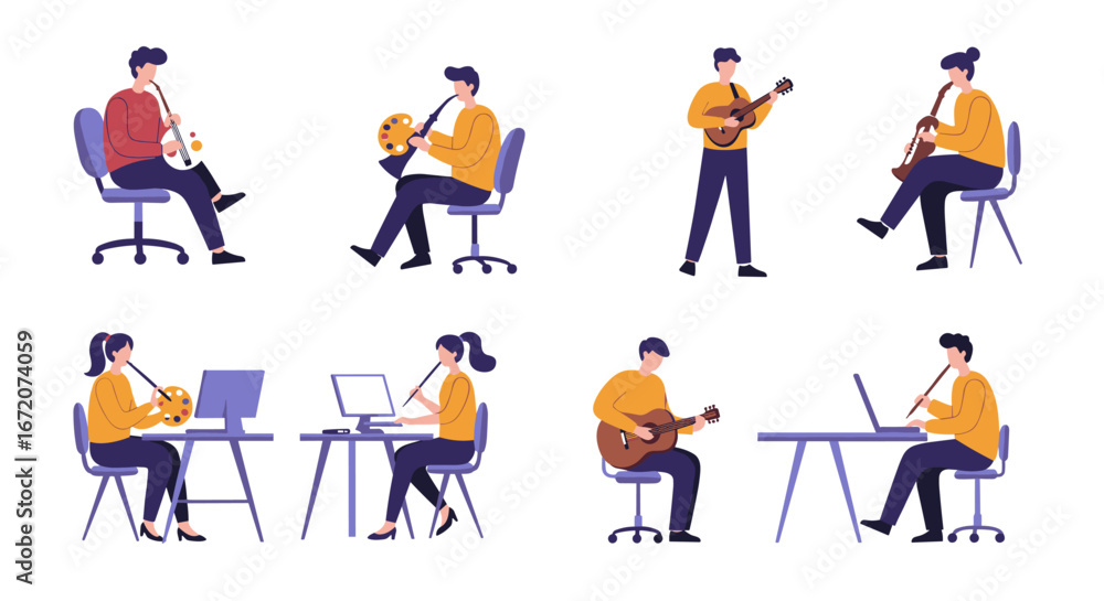 Naklejka premium Musicians practicing instruments in office setting with diverse styles