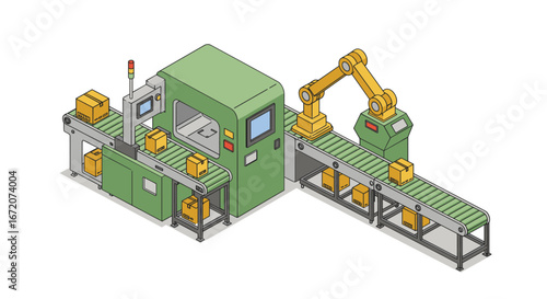 Isometric conveyor system with robotic arm and packaging machine