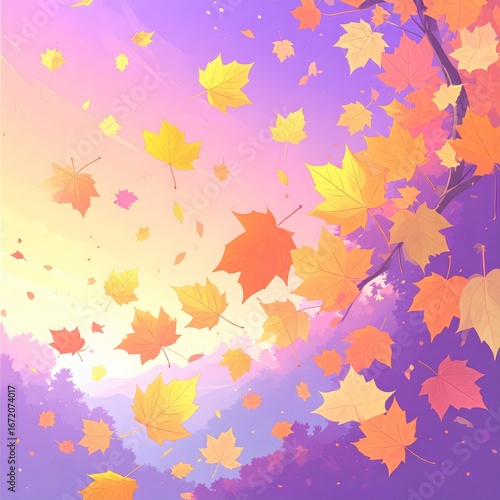 Digital illustration of colorful falling autumn leaves on gradient background