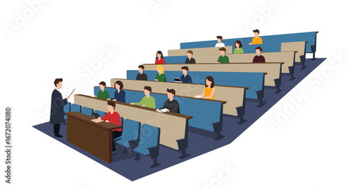 University lecture hall with students and teacher in flat style