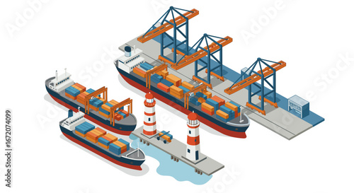 Isometric container ships and port with cranes and lighthouses