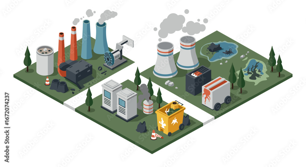 Fototapeta premium Isometric pollution concept with factories and environmental damage