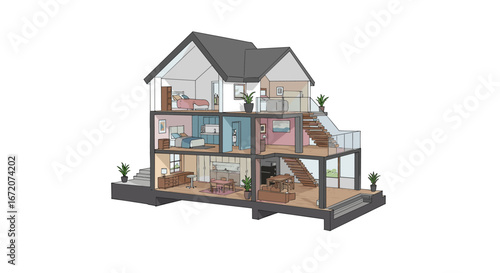 Modern two-story house cutaway showing interior design and layout