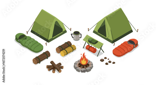 Isometric camping gear with tents and campfire for outdoor adventures