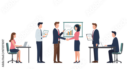 Business meeting scene with team engaged in office activities