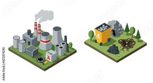 Isometric factory and waste area: industrial pollution concept with smoke and trash