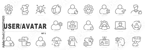 User and avatar line icons for account management, login authentication, verification, settings, mobile app profiles, security, privacy, onboarding, editable stroke