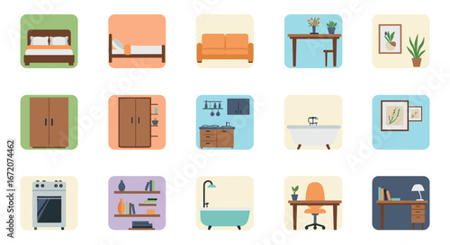 Modern minimalist home furniture set in flat design with vibrant colors for interior inspiration