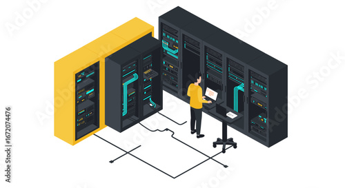 Isometric server room with it professional managing data center equipment
