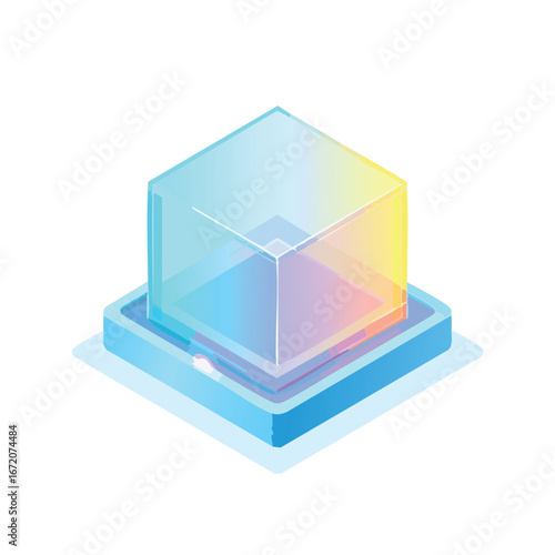 Isometric illustration of a translucent cube with rainbow hues resting on a blue square platform, isolated on a white background.