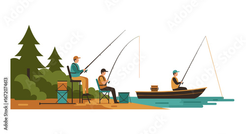 Outdoor fishing: friends enjoy a relaxing day by the lake with rods and boat