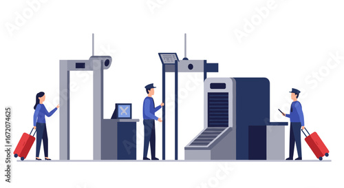 Airport security checkpoint with passengers and luggage screening in flat design