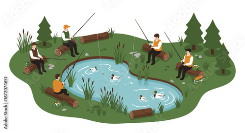 Isometric fishing scene with people relaxing by a pond surrounded by nature and ducks