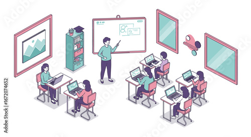 Isometric classroom with students and teacher using technology in modern learning environment