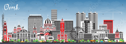 Omsk Russia city skyline with color buildings and blue sky. Omsk cityscape with landmarks. Business travel and tourism concept with modern and historic architecture.
