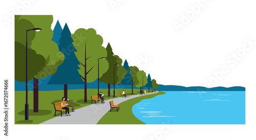 Parkside serenity with people relaxing by the lake path