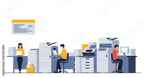 Office equipment and teamwork in a modern workspace