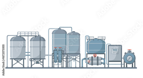 Industrial brewery equipment in flat style with large brewing tanks and pipes
