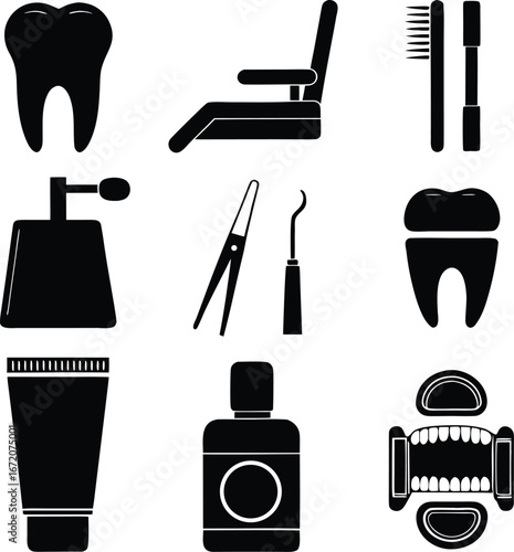 Dental Tools and Equipment Icons – Vector Set of Tooth Extractors, Mouthwash, and Teeth Care