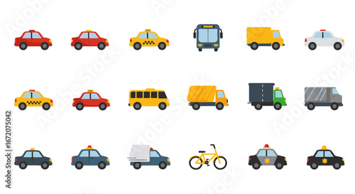 Urban transport icons set: flat style collection of vehicles for city commute