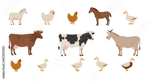 Farm animal collection: diverse domestic animals in a flat colorful style