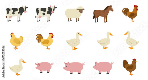 Colorful farm animals set featuring cow, sheep, horse, rooster, chicken, duck, and pig