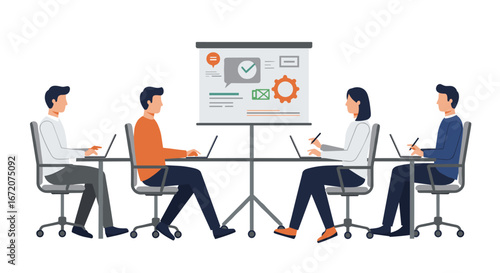 Team collaboration meeting with presentation and laptops in a modern office setting