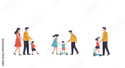 Happy family activities: parents and children enjoying outdoor fun together