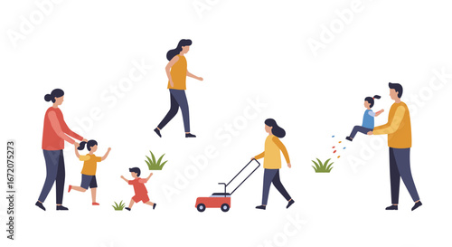 Flat family activities outdoors: mom, dad, kids having fun together