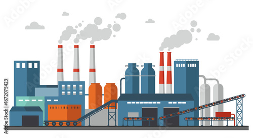 Flat industrial factory scene with smokestacks and conveyor belts