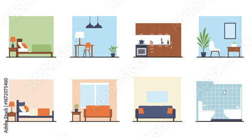 Modern interior room set with bedroom, kitchen, living room, and bathroom in flat design