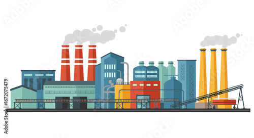 Industrial landscape with factories and smokestacks in flat design