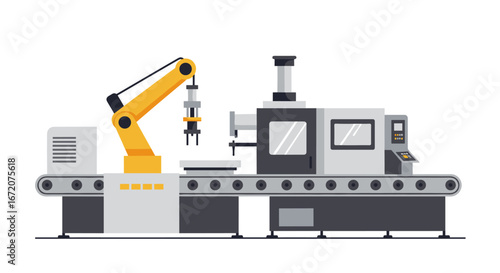 Modern automated factory equipment featuring robotic arm and conveyor system