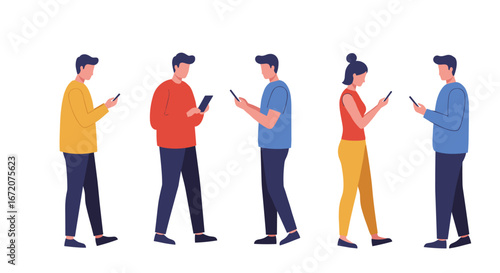 Digital communication: group of people engaging with mobile devices in flat design
