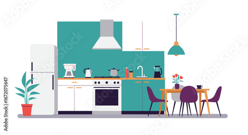 Modern flat design kitchen interior with dining area and appliances
