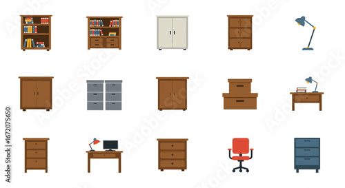 Flat office and home furniture collection with desks, cabinets, and decor elements