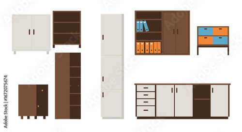 Modern cabinet collection with various storage solutions in flat design