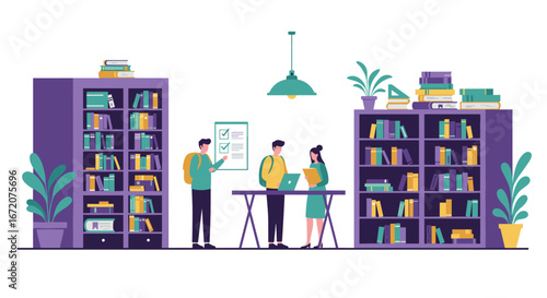 Modern office workspace with team collaboration and bookshelves in flat design