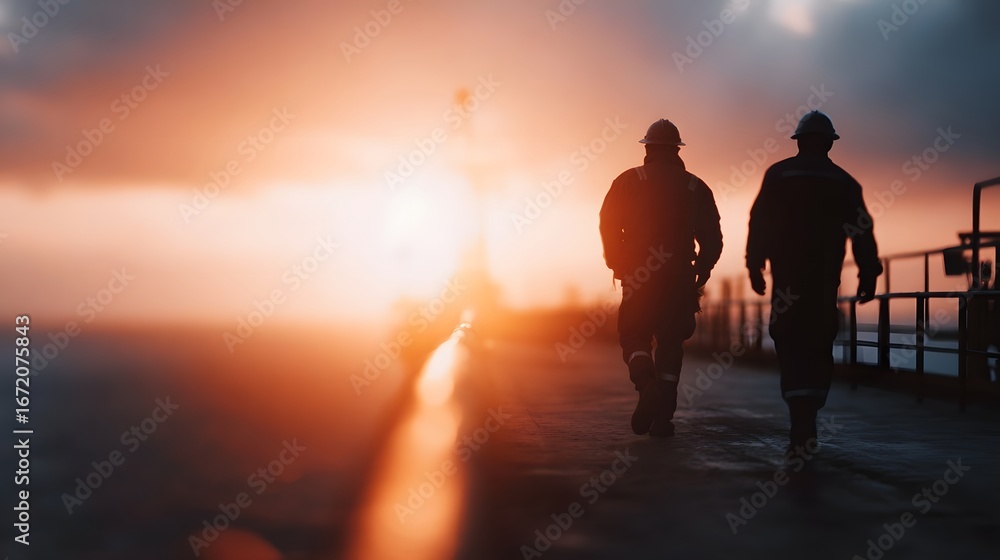 Fototapeta premium Silhouetted workers cross bridge at sunrise