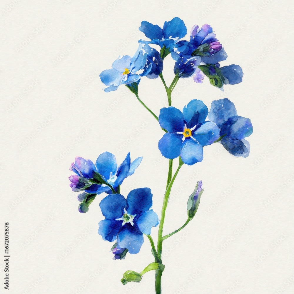 Fototapeta premium Watercolor Forget Me Not Flowers. Blue Flower Blossoms in Nature