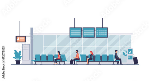 Modern airport terminal waiting area with passengers and flight information displays