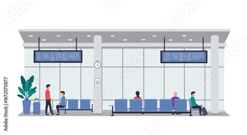 Modern airport terminal with passengers: calm ambiance and contemporary design
