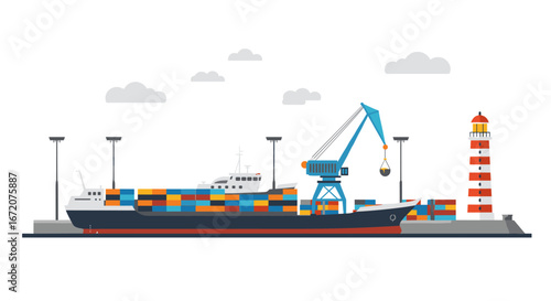 Modern flat design cargo ship and port with crane and lighthouse