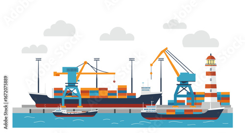 Colorful flat design harbor scene with cargo ships and cranes