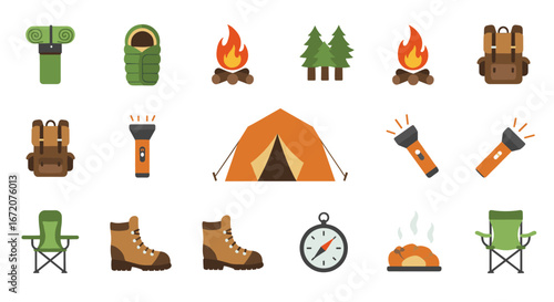 Camping essentials: flat design hiking gear and nature elements